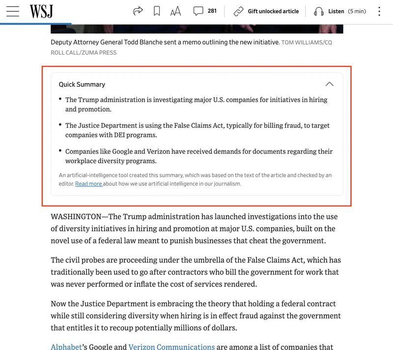 The Wall Street Journal’s AI “Quick Summary” at the top of an article