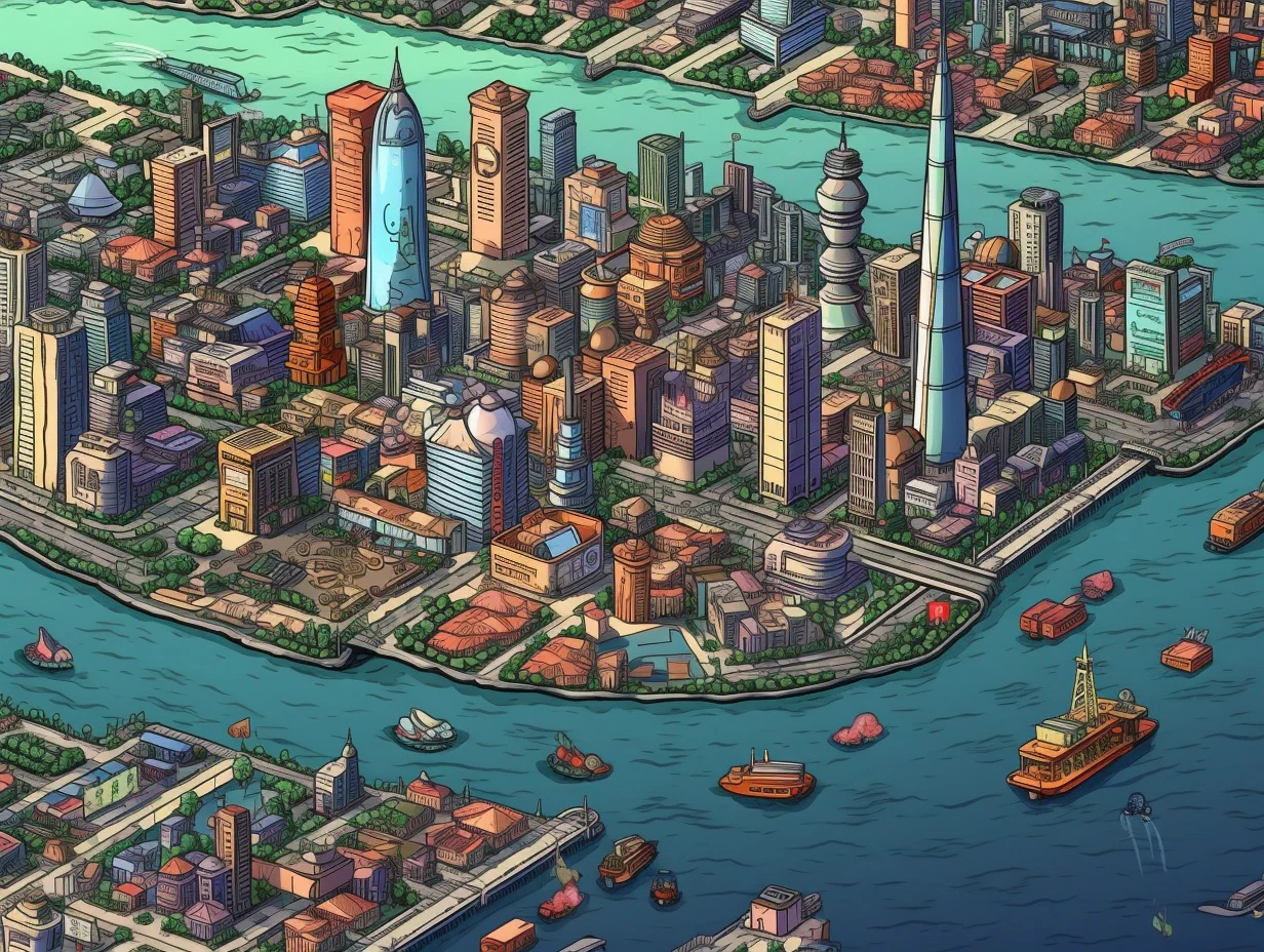 Shanghai, a vibrant tapestry of tradition and modernity, bustles with activity beneath a skyline of towering skyscrapers, neon lights, and ancient temples, all reflecting off the winding Huangpu River