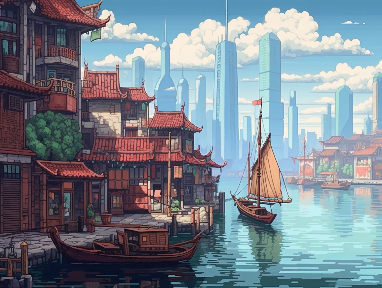 Jack and his team dock their weather-worn boat at Shanghai's bustling port, the city's magnificent skyline rising like a steel and glass mountain range in the hazy morning light.