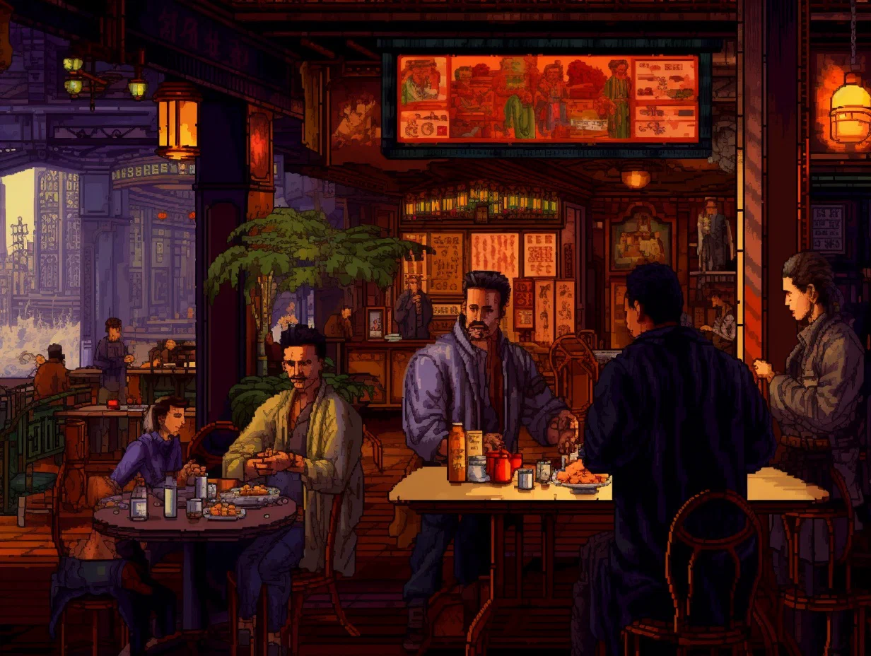 The restaurant is a maze of shadowy corners and secretive booths, filled with an assortment of hushed voices and watchful eyes, the air thick with the aroma of exotic spices and the palpable tension of clandestine dealings.