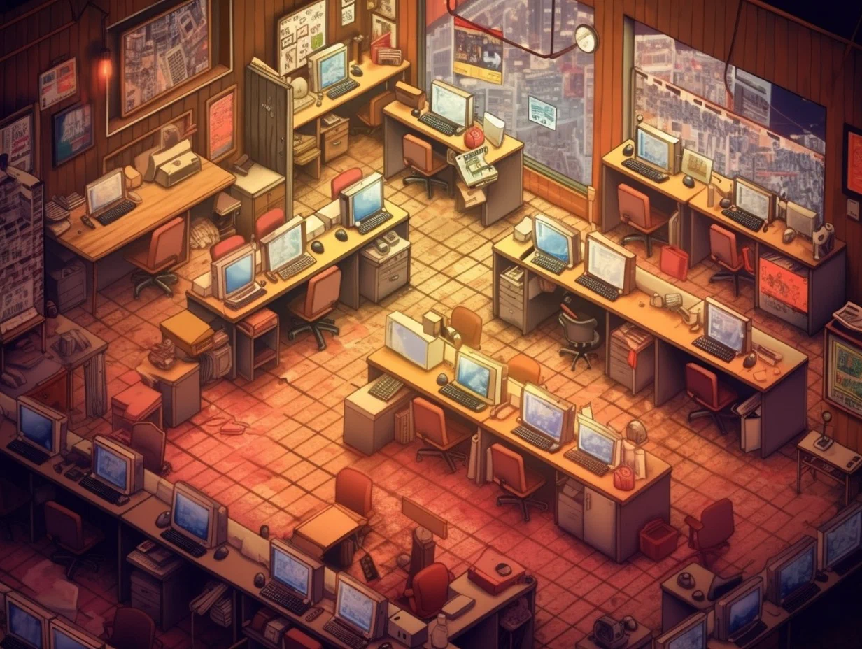 In the cluttered redaction room, surrounded by papers and a humming computer. The city buzzes outside his window.