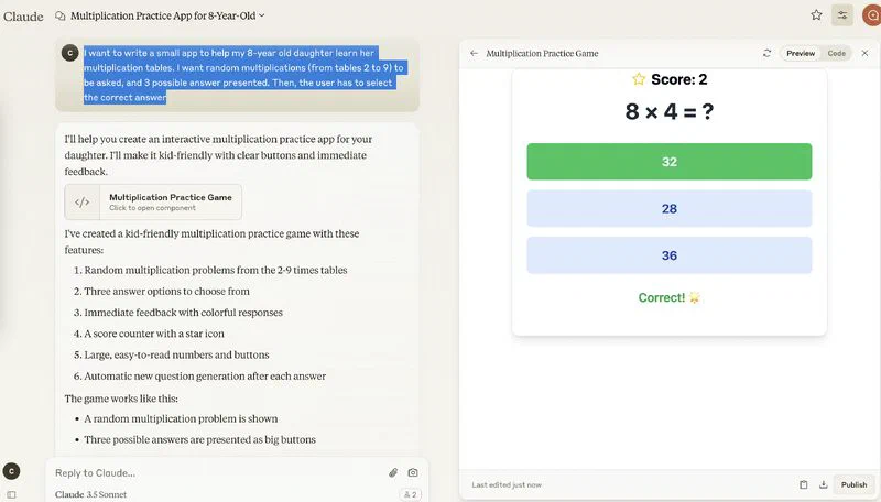 A multiplication practice game built with Claude Artifacts