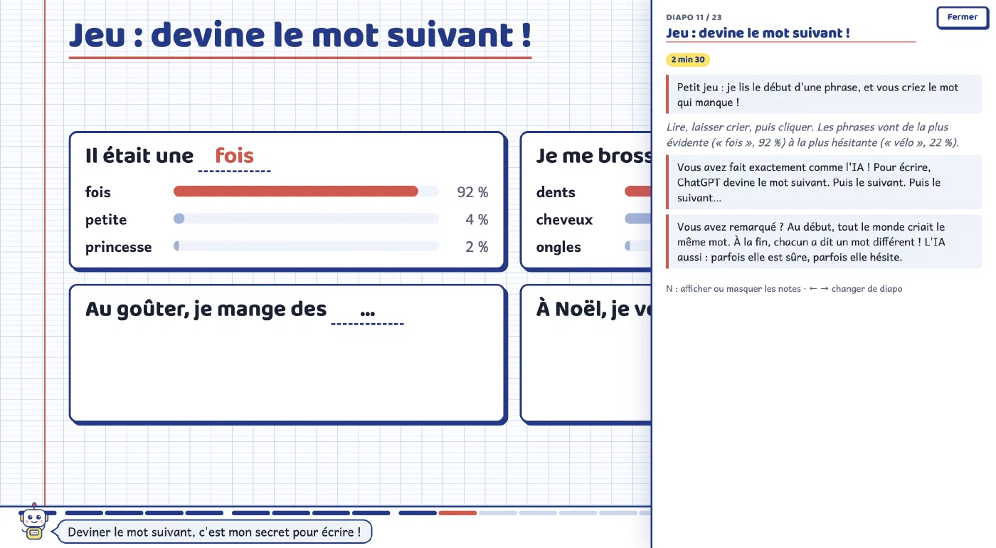 Guess-the-next-word game, with the probability of each word and the presenter notes open