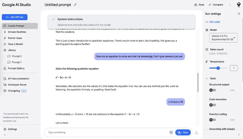 Google AI Studio, with the model and run settings on the right