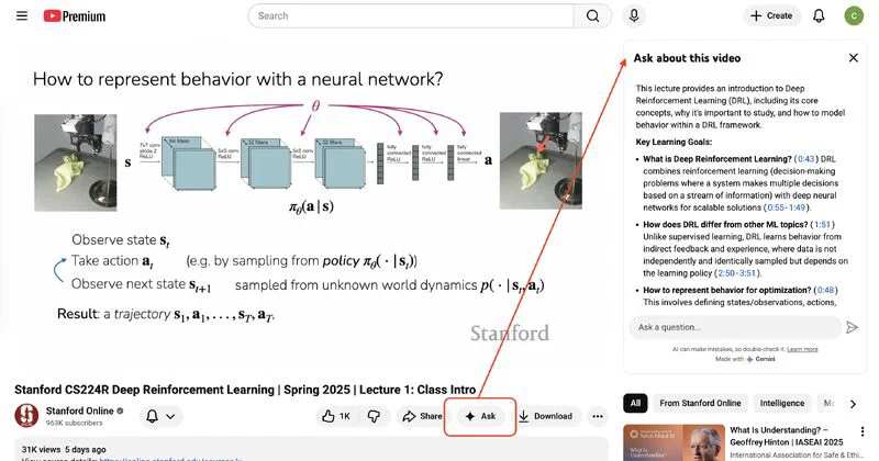 YouTube’s Ask button and the Gemini panel on a lecture video